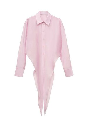 Pink long-sleeve shirt with a pointed hem, button-down front, and classic collar. Lightweight, sheer fabric with a smooth texture.
