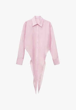 Pink long-sleeve shirt with a pointed hem, button-down front, and classic collar. Lightweight, sheer fabric with a smooth texture.