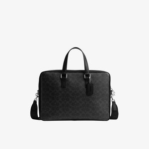 Borsa per laptop in pelle nera con motivo, manici doppi, tracolla removibile e chiusura con cerniera, mostrata su sfondo bianco.