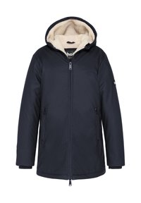 Giacca invernale blu navy con zip frontale, tasche laterali con zip e cappuccio foderato in pile beige.