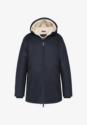 Marineblauwe winterjas met een volledige rits aan de voorkant, ritszakken aan de zijkant en een capuchon gevoerd met beige fleece.