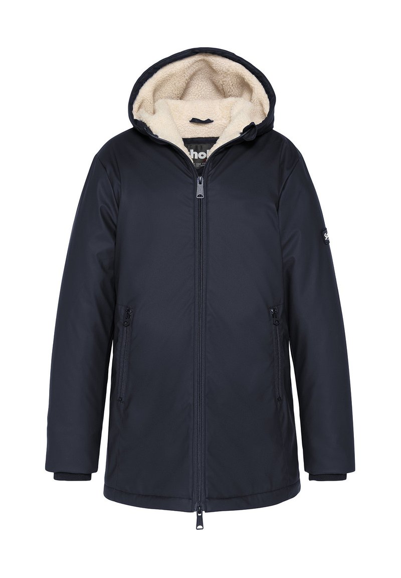 Giacca invernale blu navy con zip frontale, tasche laterali con zip e cappuccio foderato in pile beige.