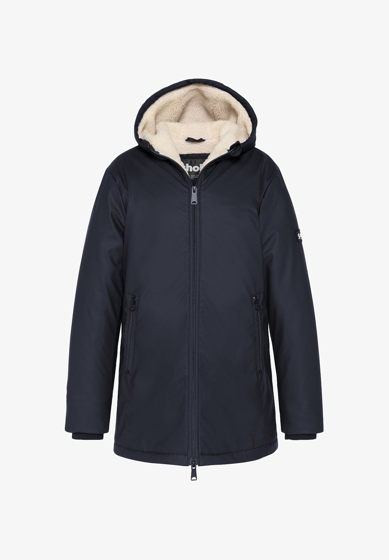 Giacca invernale blu navy con zip frontale, tasche laterali con zip e cappuccio foderato in pile beige.