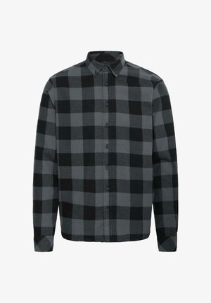Gray and black checkered flannel shirt with long sleeves, button-down collar, and front buttons. Soft texture with a relaxed fit.