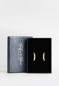 Guldvridna hoopsmycken visade i en svart sammetskl ädd box med en texturerad blå utsida. Boxen har vit varumärkesbokstavering.