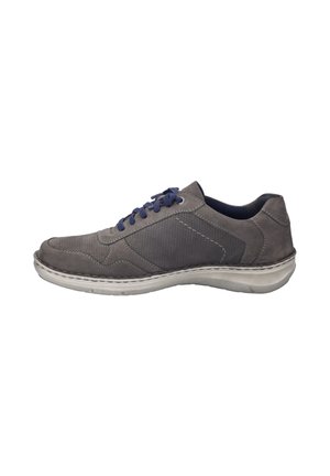 Gray leather sneaker with a textured mesh side panel, navy laces, and a white sole. Features visible stitching and a rounded toe design.
