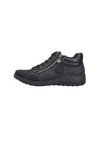 Czarne sneakersy w wzory z teksturowanej tkaniny, skórzanymi akcentami, bocznym zamkiem błyskawicznym i solidną gumową podeszwą z wzorem antypoślizgowym.