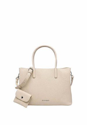 Sac à main beige texturé avec deux poignées, bandoulière détachable et petite pochette assortie attachée sur fond blanc.
