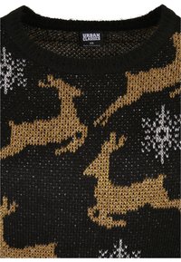 Schwarzer Strickpullover mit goldenen Rentier- und weißen Schneeflockenmuster, etikettiert mit Urban Classics, Größe XS.