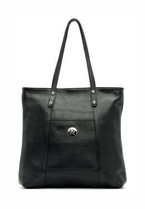 Borsa tote in pelle nera con doppi manici a spalla e un emblema logo circolare argento centrato sulla pannello frontale.