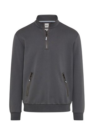Pullover grigio con collo a zip a quarto, due tasche anteriori con zip e polsini a coste. Tessuto morbido con superficie liscia.