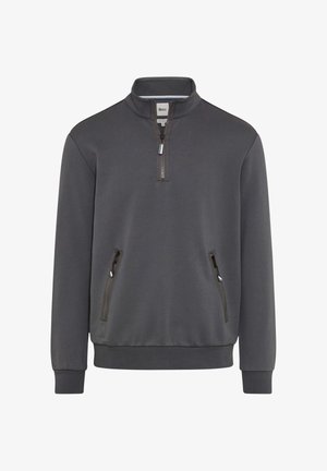 Grijze pullover met een kwart-rits halslijn, twee met rits afgesloten voorzakken en geribde manchetten. Zacht materiaal met een gladde textuur.