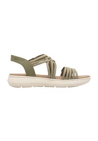 Groene sandalen met banden, voorzien van een gevlochten bovenwerk, een gecushioneerde binnenzool en een witte rubberen zool. Heeft een slingback ontwerp voor extra ondersteuning.