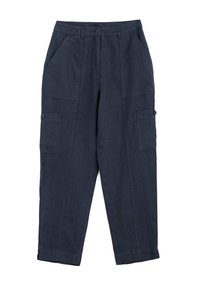 Dark navy linen cargo pants with a relaxed fit, featuring front pockets and two side cargo pockets with button closures.