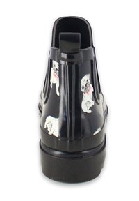 Black rubber ankle boots with a glossy finish, featuring a white pug print and a sturdy heel; pull tab at the back for easy wear.