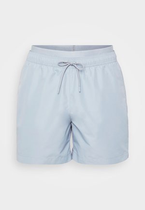 Shorts de bain bleu clair en tissu lisse, avec une taille élastique munie de cordon de serrage et un design simple et sans ornement.