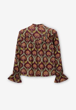 Langärmelige, burgunderrote Bluse mit einem floralen Muster in Grün und Gelb. Verfügt über einen gerafften Ausschnitt und Bündchen, gefertigt aus leichtem Stoff.