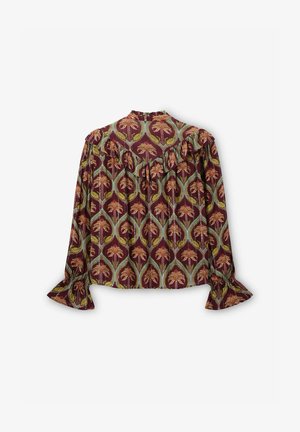 Bordeauxrode blouse met lange mouwen en een bloemenpatroon in groen en geel. Heeft een geruite halslijn en manchetten, gemaakt van lichtgewicht stof.