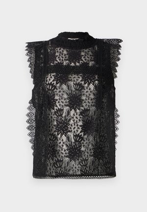Top de encaje negro con patrones florales, cuello alto y acentos de hombros con volantes. Textura transparente con un detallado intrincado a lo largo de los bordes.