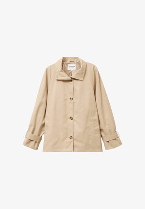 Beige lightweight jacket with a collared neckline, front buttons, and long sleeves featuring rolled cuffs. Made from smooth fabric.