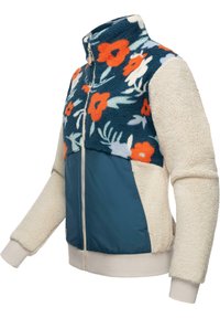 Veste en polaire Sherpa avec motif floral dans des tons de bleu, orange et crème. Dotée d'une fermeture éclair, d'un col haut et de poignets et d'un ourlet côtelés.