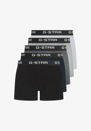 Five pairs of G-Star boxers featuring a black, white, grey, navy, and charcoal color palette, with elastic bands displaying "G-STAR" logo.