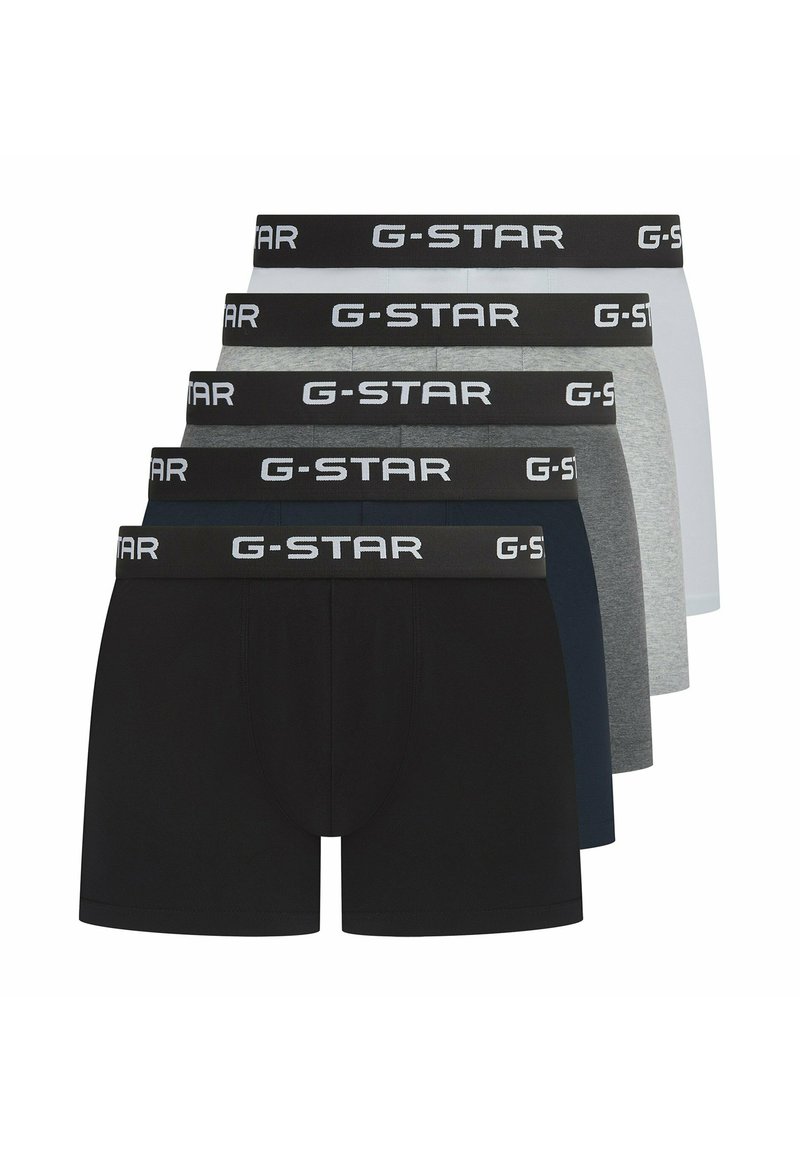 Five pairs of G-Star boxers featuring a black, white, grey, navy, and charcoal color palette, with elastic bands displaying "G-STAR" logo.