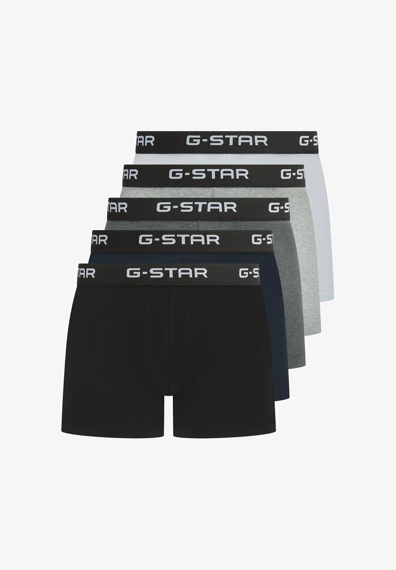 Pięć par bokserów G-Star w kolorach czarnym, białym, szarym, granatowym i antracytowym, z elastycznymi paskami z logo "G-STAR".
