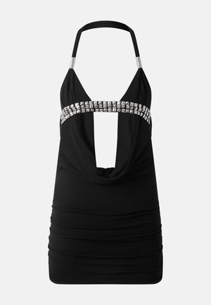 Must musta mini kleit südamiku-krohviga, sügava eesotsa lõike ja hõbedaste kaunistustega rinna paelal.