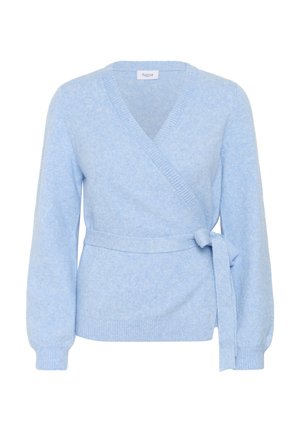 Light blue long-sleeve wrap sweater with V-neck and tied belt at the waist, made of soft knit fabric.