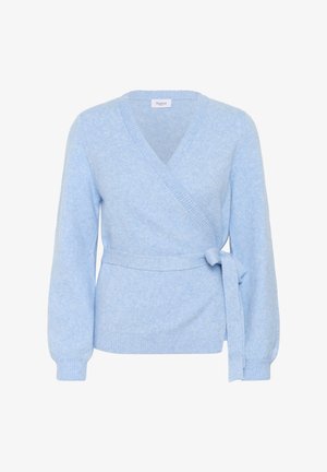 Light blue long-sleeve wrap sweater with V-neck and tied belt at the waist, made of soft knit fabric.