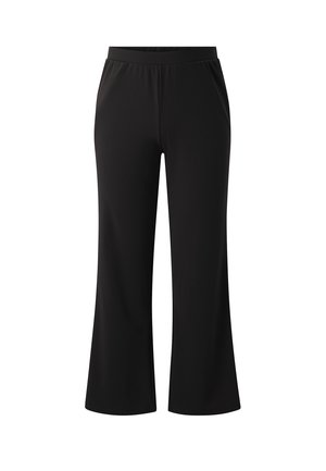 Pantalones de pierna ancha negros con cintura elástica, elaborados en una tela suave. Corte recto y diseño hasta el tobillo, sin bolsillos visibles ni cierres.