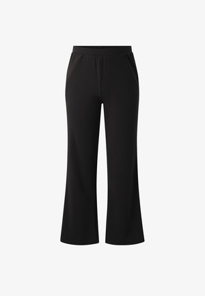 Schwarze Weiter Hosenträger mit elastischem Bund, aus glattem Stoff gefertigt. Gerader Schnitt und knöchellange Ausführung, keine sichtbaren Taschen oder Verschlüsse.