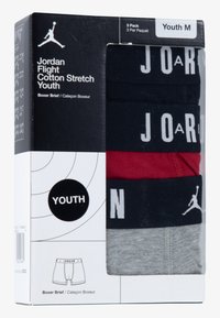 Pak van Jordan Flight boxer briefs, inclusief drie paren in zwart, rood en grijs, met elastische taillebanden met 'JORDAN' branding.
