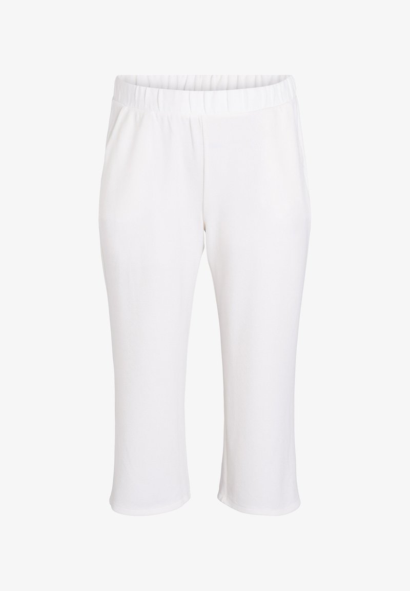 Bijele kapri hlače izrađene od mekog materijala, s elastičnom strukicom, dva bočna džepa i glatkom teksturom bez vidljivih uzoraka.