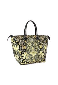 Borsa nera e oro con motivo floreale, realizzata in materiale testurizzato, dotata di due manici neri e un design spazioso.