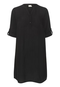 Chemise tunique noire en tissu doux, dotée d'un col en V, de trois boutons et de manches retroussées avec détail de bouton. Texture lisse et coupe décontractée.