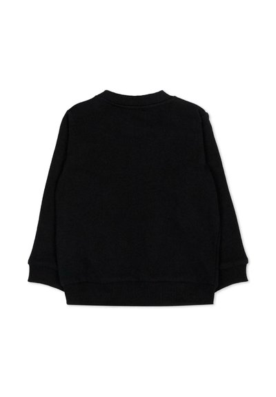 Sweat-shirt noir à manches longues avec col rond, poignets et ourlet côtelés, présenté de dos sur un fond blanc.