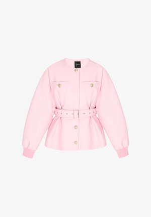 Rozā pūkains mētelis ar jostu vidukļa daļā, zelta pogu akcentiem un divām krūšu kabatām. Mīksta, gluda auduma un plata, ribota piedurkne.