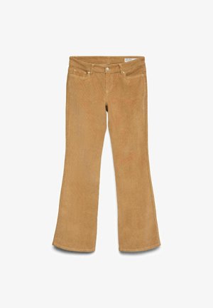 Spodnie dzwonowate z korduroyu w jasnobeżowym kolorze, z prążkowaną teksturą, pięcioma kieszeniami oraz frontowym zapięciem na guzik i suwak.