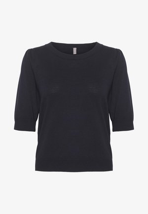 Pulover scurt din tricot negru cu mâneci scurte, guler rotund, ușor bufante și un design ajustat. Textură netedă cu un luciu subtil.