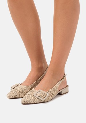 Bailarinas slingback beige con punta afilada, encaje decorativo con patrón de rosas y grandes hebillas cuadradas, usadas en los pies sobre un fondo blanco.