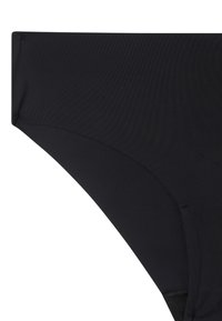 Parte inferiore di bikini nera con un tessuto liscio e elastico, caratterizzata da un taglio classico e un design senza cuciture per garantire comfort e visibilità minima.