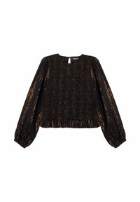 Blusa negra con mangas largas abullonadas, textura fruncida, detalles dorados y bajo con volantes. Cierre en la espalda en forma de ojo de cerradura.