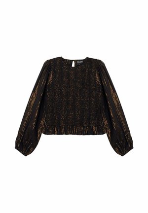 Blouse noire avec manches longues bouffantes, texture smockée, accents dorés et ourlet à volants. Fermeture au dos avec une ouverture en forme de goutte.