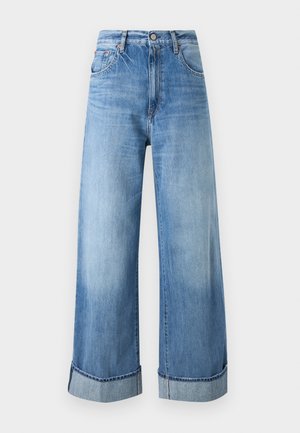 Τζιν ψηλόμεσου στυλ, φαρδιάς γραμμής σε ανοιχτό μπλε χρώμα, με γυρισμένα μανίκια, κουμπί μπροστά, φερμουάρ και σχέδιο με πέντε τσέπες.