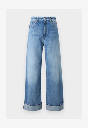 Gaiši zili džinsa džinsi ar augstu jostasvietu, platajām kāju daļām, uzlocītām malām, priekšpusē ar pogu, rāvējslēdzēju un piecu kabatu dizainu.