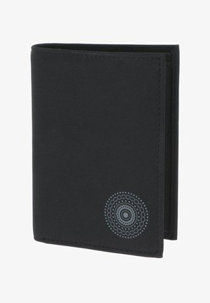 Black bi-fold wallet with a circular decorative pattern in the lower right corner on the front side.