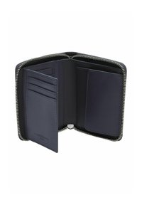 Ciemnoniebieski skórzany portfel z zamkiem błyskawicznym, wieloma miejscami na karty oraz gładką fakturą, z wewnętrznym, tłoczonym logo marki.