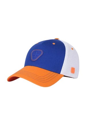 Casquette de baseball bleue et blanche avec une visière et des détails orange, avec un logo brodé sur le panneau avant.